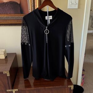 Joseph Ribkoff Black Mesh-Sleeve Zip-Pull Top size 14